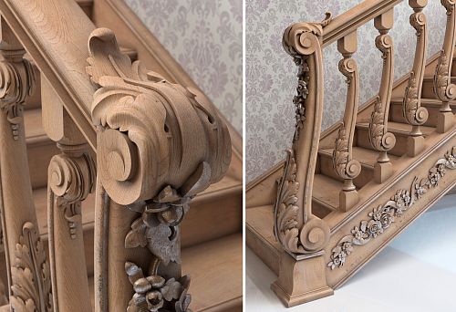 Резные деревянные балясины с изящной флоральной орнаментальной резьбой