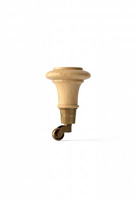Точеная мебельная ножка из массива дерева, оснащенная металлическим наконечником с колесиком  Цвет наконечника — античная бронза