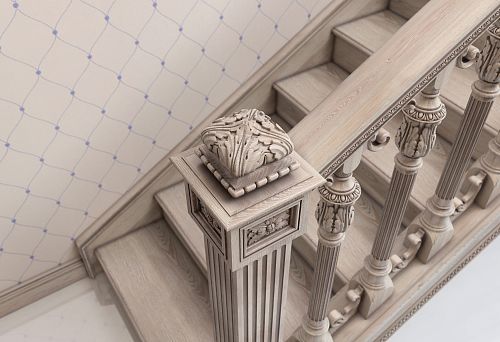 Светлая лестница с резными балясинами и декоративным столбом в интерьере