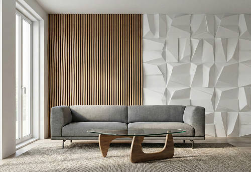 Современная гостиная: серый диван, стеклянный столик, деревянные рейки и 3D-панели из лепнины полиуретан на стене