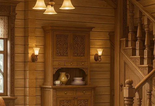 Деревянный интерьер с лестницей и шкафом с резными элементами в русском стиле