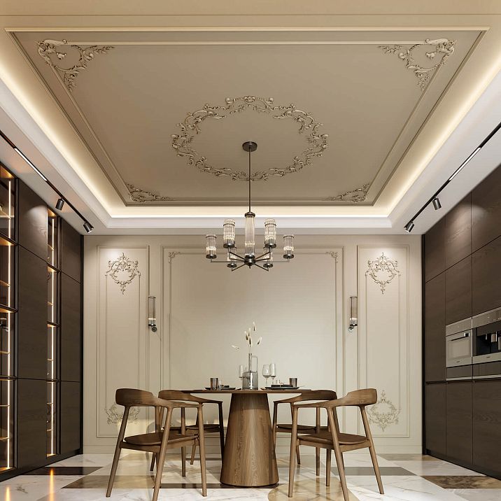 Комплект лепного декора CPU-P3 в интерьере кухни-гостиной с потолочным декором и люстрой