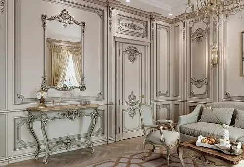 Классическая итальянская мебель гостиной в интерьере с резным декором