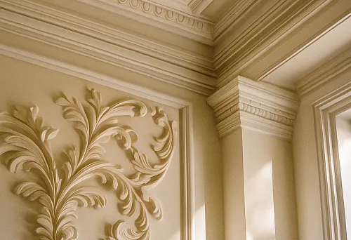 Карниз и лепнина в классическом интерьере с мягким освещением.