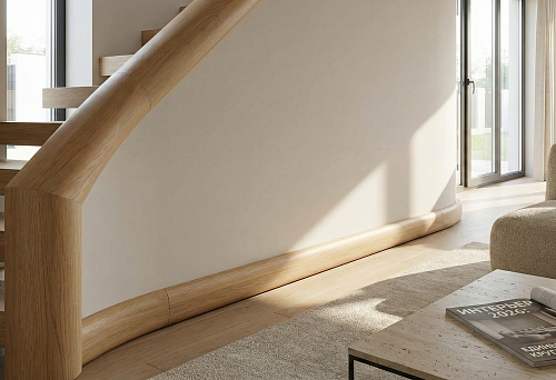 Круглый деревянный поручень и плинтус в современном интерьере 2026 года