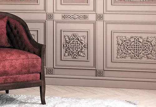 Интерьер ресторана в русском стиле с резными декоративными панелями