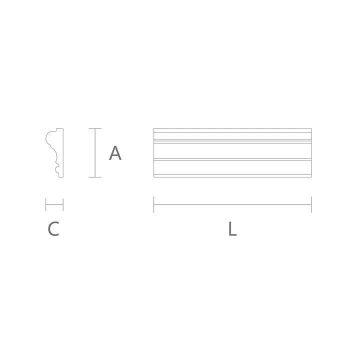 Чертёж молдинга MLDPU-003 STAVROS — схема сечения профиля с обозначением размеров: A — ширина 35 мм, C — высота 12 мм, L — длина 2600 мм