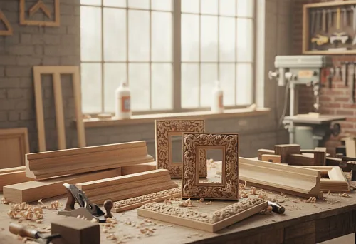 Деревянный погонаж и резные багеты на рабочем столе мастерской в Москве