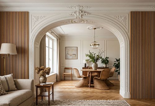 Лепной декор и деревянные рейки для арки и проходной зоны: как оформить переход между комнатами