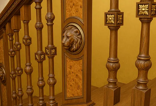 Закрытые деревянные балясины с декоративными вставками и резной вставкой в виде головы льва
