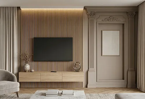 Реечная панель под телевизор на стену и лепнина для стен из полиуретана: как сделать ТВ-зону архитектурной, а не просто модной