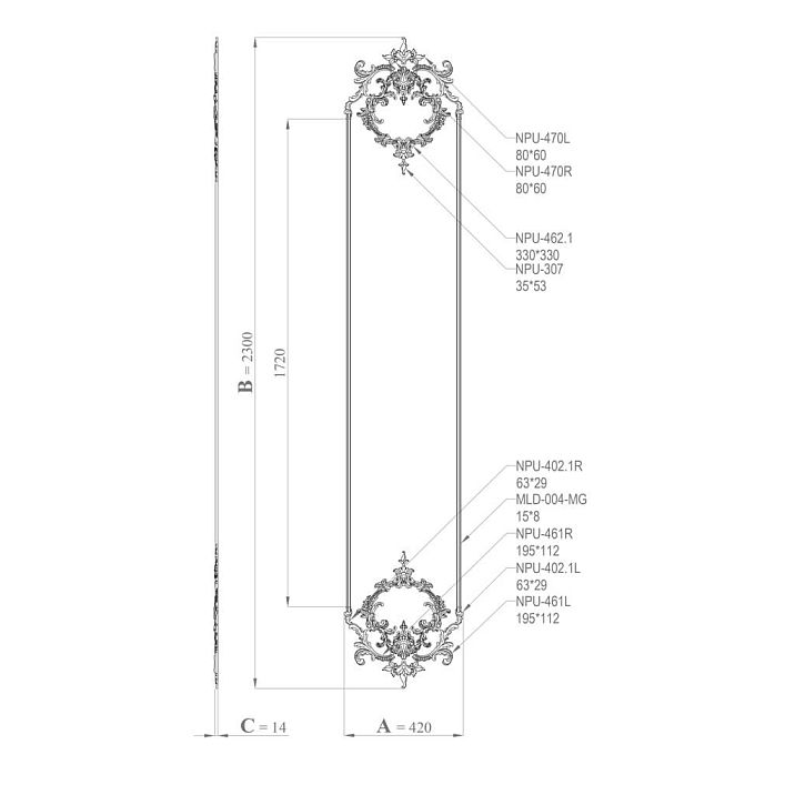 Лепной декор CPU-7-1 из полиуретана для интерьерной рамки схема