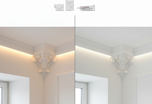 Потолочные карнизы из полистирола с декоративной лепниной в вариантах с подсветкой и без неё