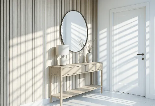 Интерьер с рейками 16×40×2800 МДФ и светлой мебелью