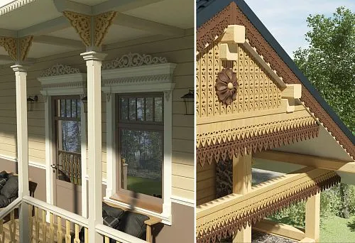 Фасад дома в стиле русской усадьбы с окнами, украшенными резными наличниками.