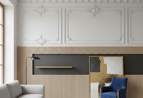 Эклектика без хаоса: как классическая лепнина и современные рейки создают гармонию