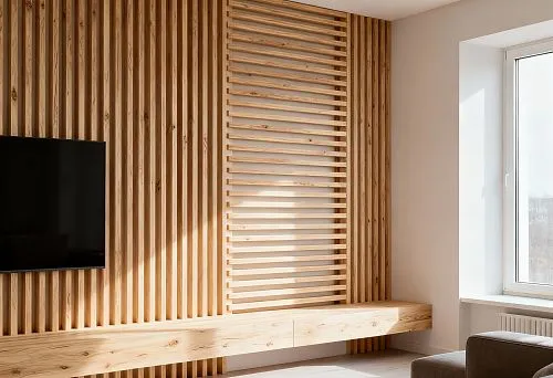 Современный интерьер гостиной с деревянными рейками для декора стен