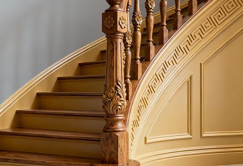 Декоративные балясины и молдинги на деревянной лестнице, гармонично сочетающиеся с интерьером помещения