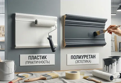 Сравнение пластикового и полиуретанового молдингов под покраску: слева роликом наносят белую краску на пластиковый молдинг