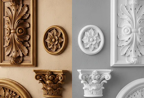 Сравнение орнаментов из дерева и полиуретана на контрастных стенах.