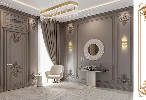 Красивый интерьер с резными деревянными панелями и классическими светильниками.