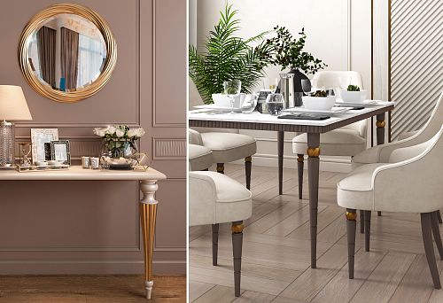 Современный деревянный стол с изысканным декором в обеденной зоне