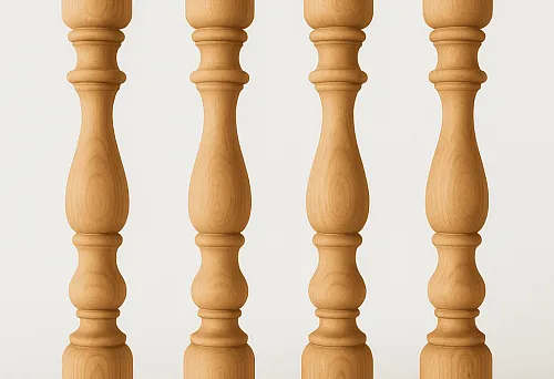 Деревянные балясины 100х100 мм с округлыми концами и классическим профилем на белом фоне