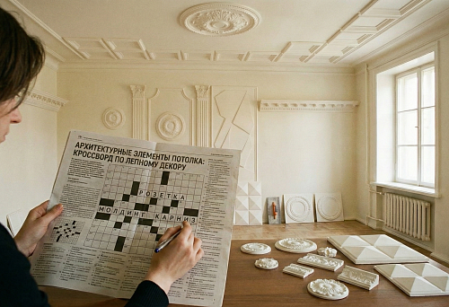 Лепные розетки, панели и молдинги, разложенные на столе для изучения декоративных форм.