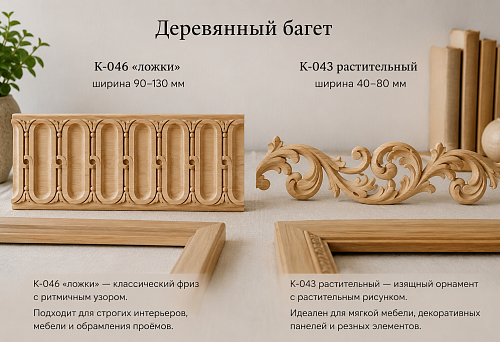 Деревянный багет купить: растительный K-043 шириной 40–80 мм или классический фриз K-046 «ложки» шириной 90–130 мм — что выбрать