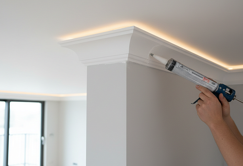 Монтаж белого потолочного плинтуса из полистирола с помощью клеевого пистолета в современном интерьере