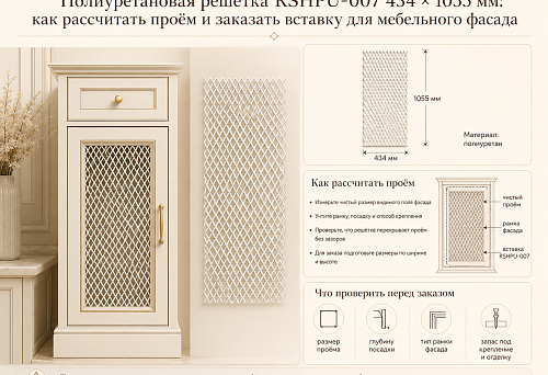 Полиуретановая решётка RSHPU-007 434 × 1055 мм: как рассчитать проём и заказать вставку для мебельного фасада