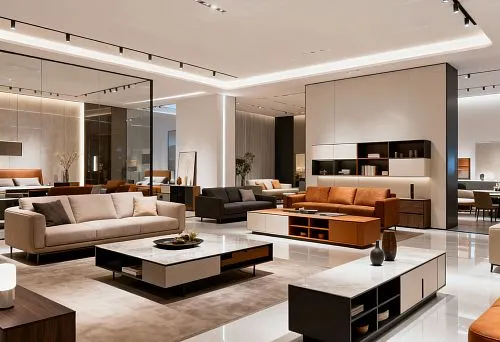 Современный мебельный магазин с диванами, столами и стенками в интерьере