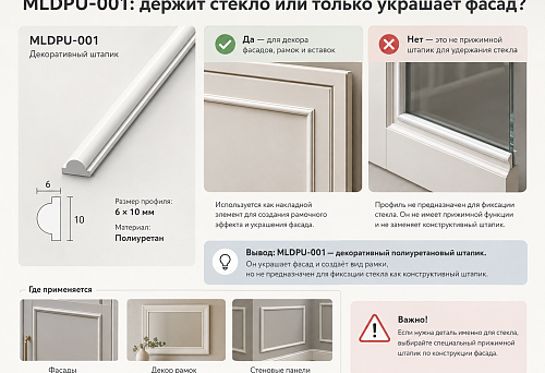 В карточке написано «штапик»: полиуретановый молдинг MLDPU-001 удерживает стекло или только украшает мебельный фасад?