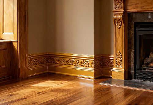 Декоративные плинтусы с резным орнаментом у камина.