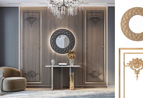 Стильное оформление стен в деревянном доме с объемными узорами и зеркалом.