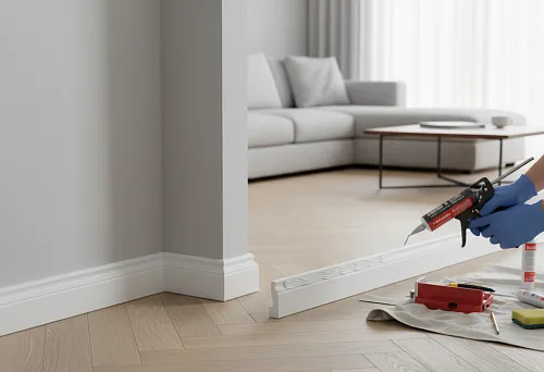 Монтаж белого плинтуса из полистирола в современном интерьере с паркетным полом
