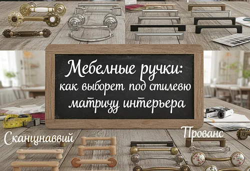 Разные виды мебельных ручек, разложенные по стилям — классика, модерн, скандинавский и прованс