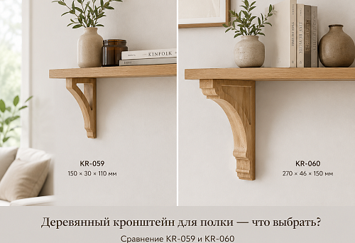 Гладкий деревянный кронштейн для полки купить: компактный KR-059 150 × 30 × 110 мм или крупный KR-060 270 × 46 × 150 мм — что выбрать