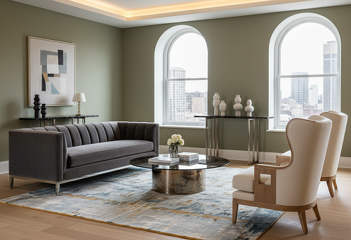 Классическая гостиная с мебелью в светлом интерьере