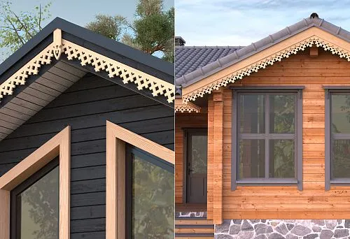 Современный дом с оконными наличниками в русском стиле и резным декором под крышей.