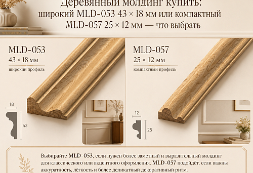 Деревянный молдинг купить: широкий MLD-053 43 × 18 мм или компактный MLD-057 25 × 12 мм — что выбрать