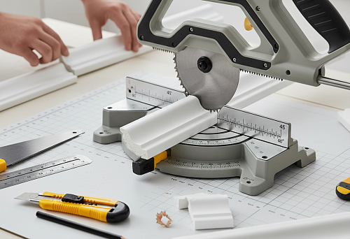 Резка молдинга из полистирола на торцовочной пиле с использованием инструментов для точного монтажа