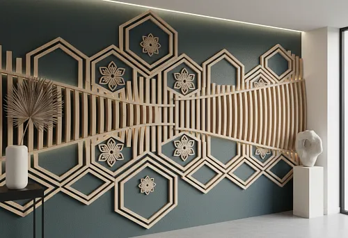 Раскладка деревянная с геометрическим орнаментом на стене — современный декоративный элемент интерьера