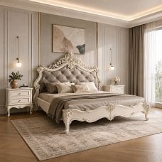Тумба прикроватная Versailles 012-001 и Кровать Versailles 001-001 с декоративным оформлением в стиле классика.