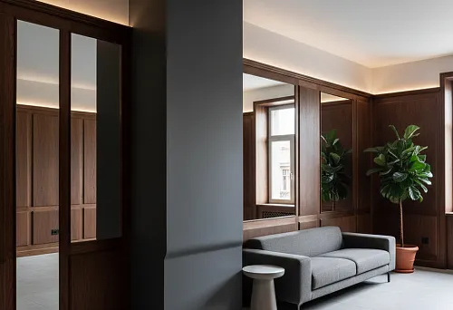 Современное буазери: деревянные панели, встроенные зеркала и выразительный плинтус