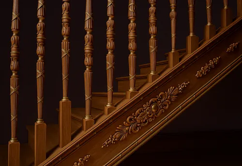 Деревянные балясины с декоративной резьбой и золотыми акцентами на лестнице