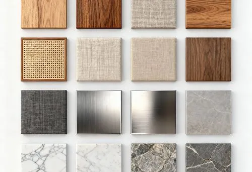 Образцы материалов для мебели: дерево, металл, ткань и камень