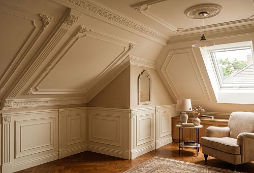 Лепной декор для мансарды: как оформить скошенные стены и низкие участки молдингами из полиуретана