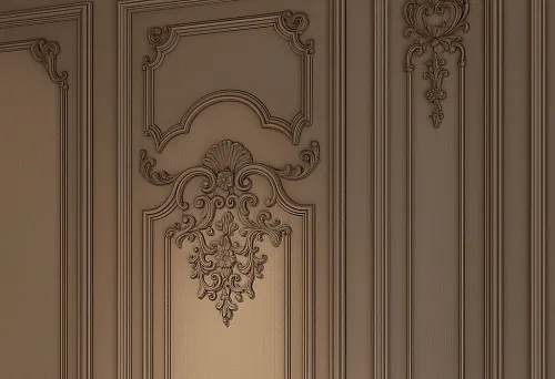 Декоративная лепнина на стене с изящными узорами и классическими элементами.