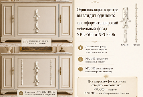 Одна накладка в центре выглядит одиноко: как оформить широкий мебельный фасад NPU-505 и NPU-506